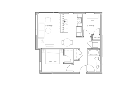 Floor plan for 2 beds, 1 bath, 792 sqft